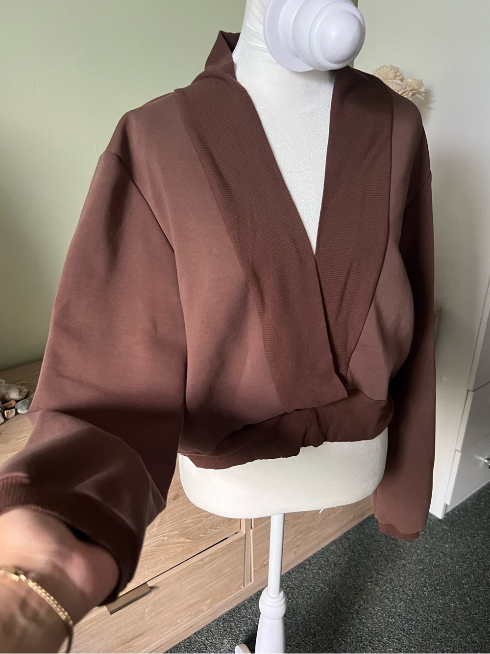 Brown V-Neck Plunge Shrug Style Long-sleeve Cozy Sweater Sweatshirt Loungewear L
